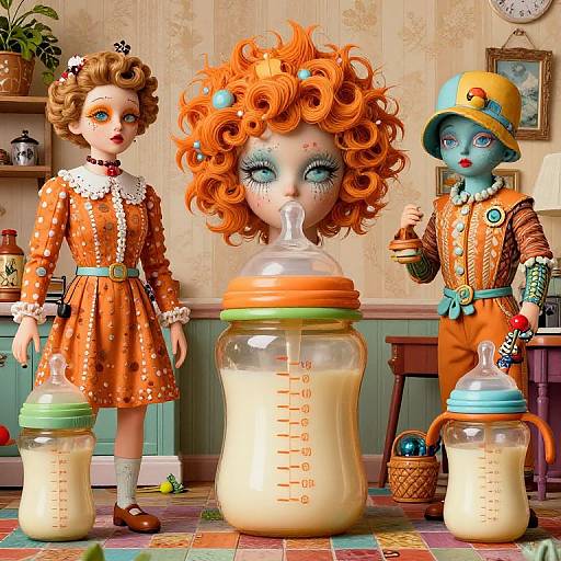 Digital art of three vintage dolls with curly hair, orange dresses, and blue skin, feeding from large baby bottles in a colorful, patterned room.