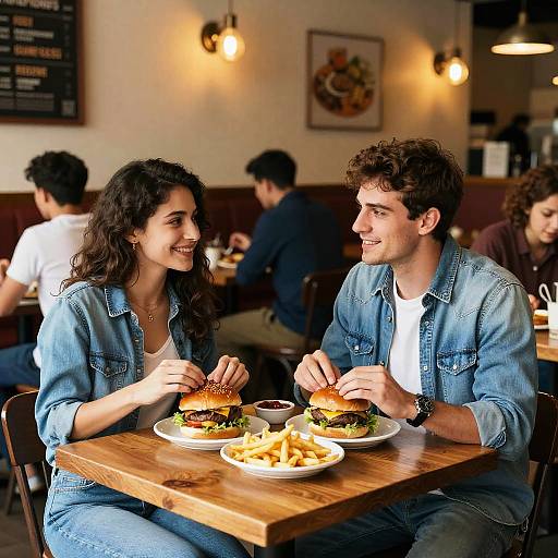 Photograph of a smiling couple in a cozy restaurant, both wearing denim shirts, eating burgers and fries at a wooden table.