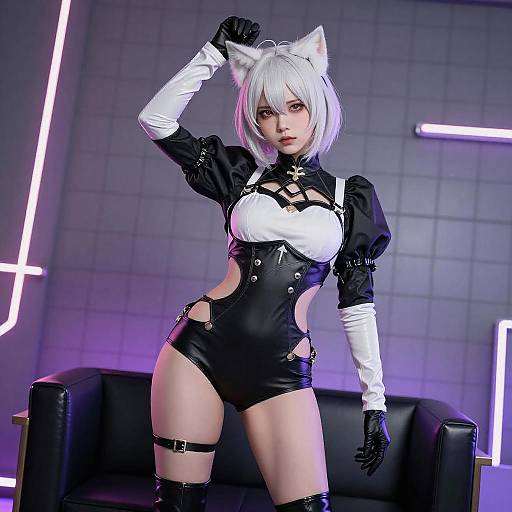 Fierce White-Haired Anime Cat Girl