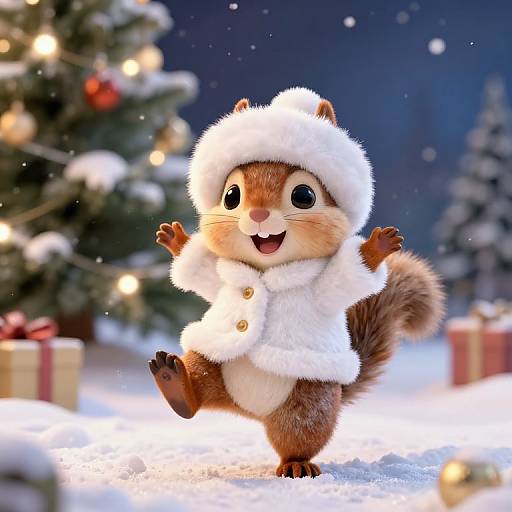 CGI image of a cheerful, chubby squirrel in a white fur coat and hat, dancing in the snow with Christmas trees and gifts in the background.