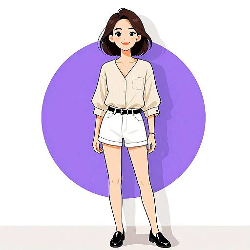 Digital illustration of a smiling, brown-haired woman in a white blouse and shorts, black belt, and black shoes, standing against a purple circle.