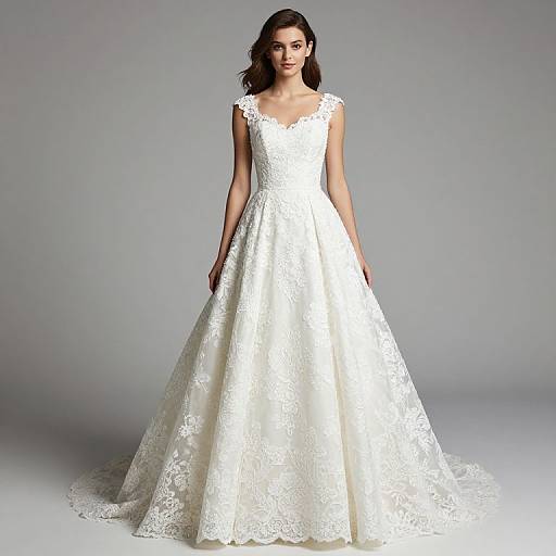 Photograph of a woman with long dark hair in a white, lace, sleeveless wedding gown with a full skirt, standing against a gray background.