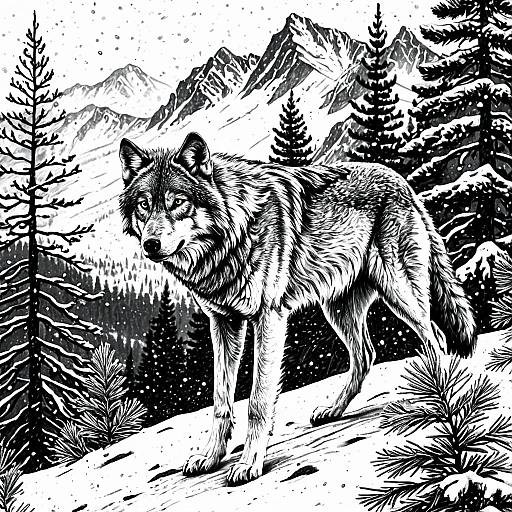 Hand-Drawn Majestic Wolf in Winter Mountains