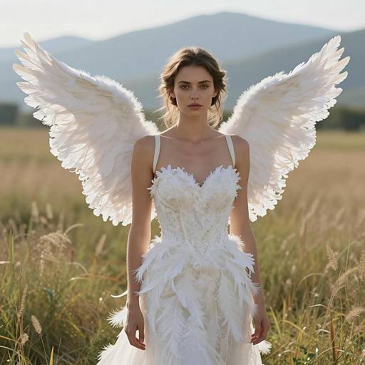 Woman in Feather Angel Bridal Dress in Field