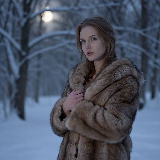 Photograph of a fair-skinned woman with blue eyes, wearing a brown fur coat, standing in a snow-covered forest at night, moonlight illumin
