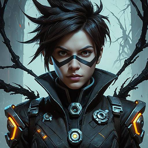 Dark Futuristic Portrait of Female Character with Black Tendrils