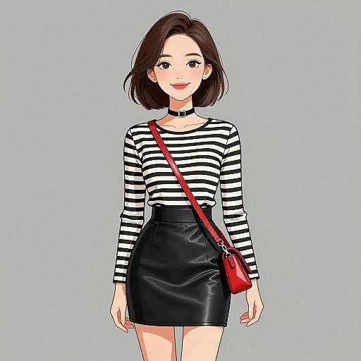Stylish Woman in Striped Top and Black Mini Skirt