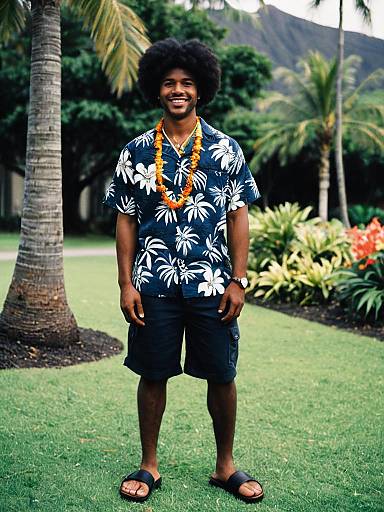 Smiling Man in Hawaiian Shirt with Flower Lei