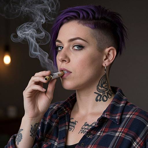 Woman with Purple Hair Smoking Joint