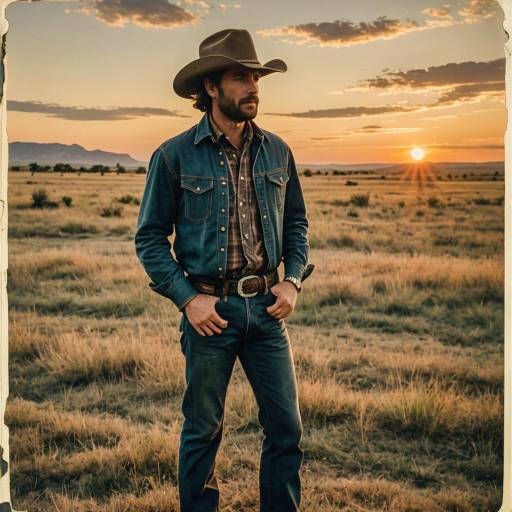 Cowboy in Denim Outfit on Sunset Prairie