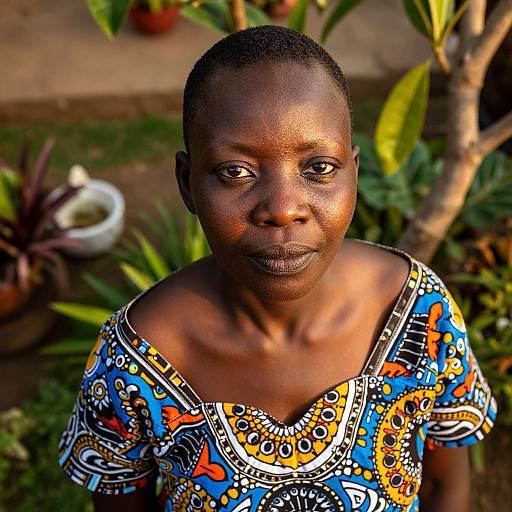 Photograph of a dark-skinned African woman with short hair, wearing a colorful, patterned dress, standing in a garden with greenery.