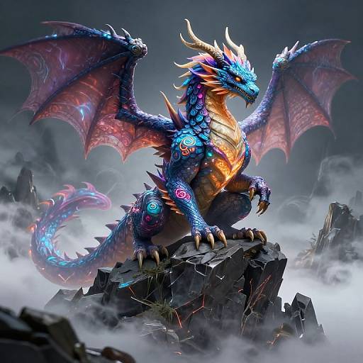 Digital artwork of a vibrant blue, bioluminescent dragon with pink and orange accents, sitting on a rocky cliff amid misty mountains.