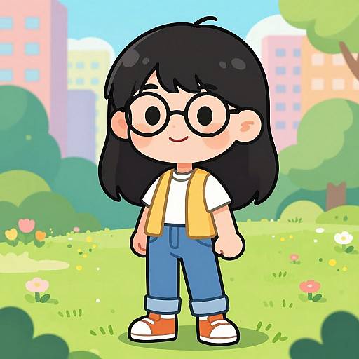 Cheerful Cartoon Girl in City Park