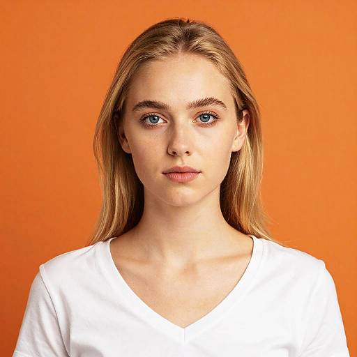 Photograph of a young Caucasian woman with blue eyes, straight blonde hair, and a white V-neck shirt, against a solid orange background.