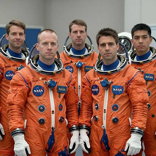 Group of Male NASA Astronauts in Orange Spacesuits