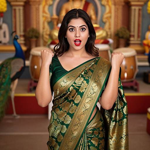 Photograph of a surprised Indian woman with dark hair, red lipstick, wearing a green and gold floral saree, in a temple-like setting with pe