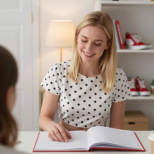 Smiling Blonde Woman Reading Document