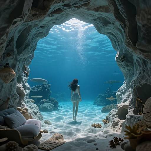 Digital artwork: Underwater cave entrance with sunlight filtering through, a lone woman with long hair in white swimsuit standing, surrounded by rocks, seaweed