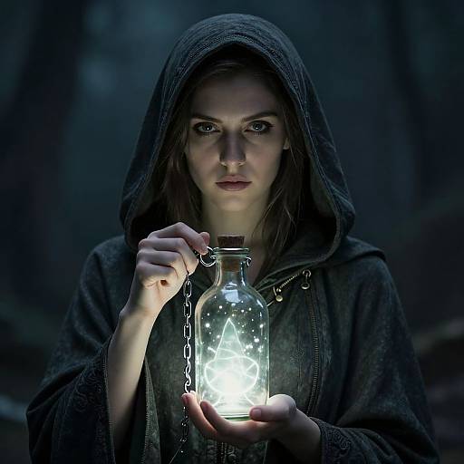 Photograph of a serious young woman with piercing eyes, holding a glowing lantern in a dark forest, wearing a hooded cloak.
