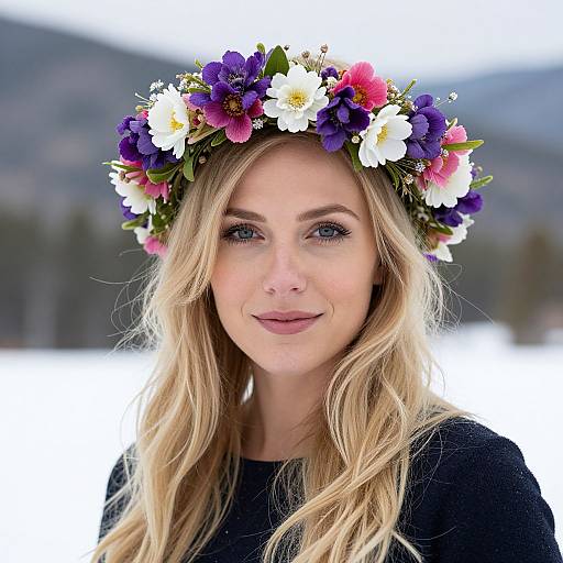 Blonde Woman with Floral Crown in Snow