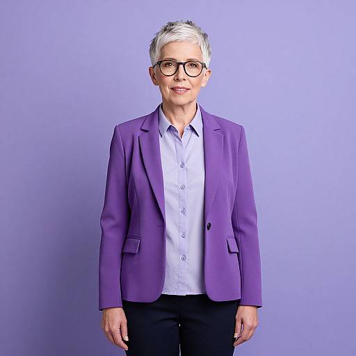 Photograph of an elderly white woman with short silver hair, black-rimmed glasses, wearing a purple blazer over a light blue shirt, standing