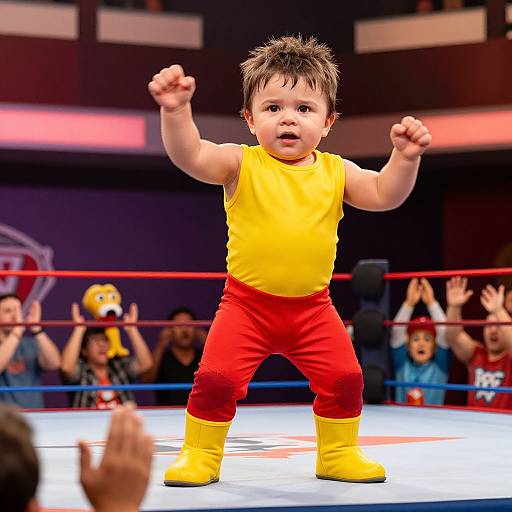 Photograph of a toddler in a yellow shirt, red pants, and yellow boots, standing triumphantly in a wrestling ring with raised fists, surrounded by