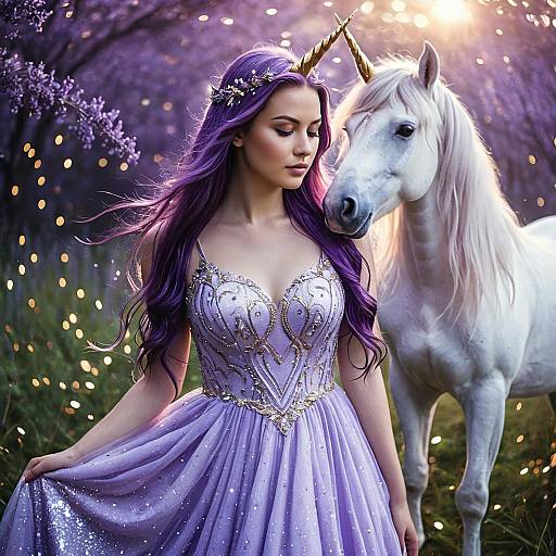 Fantasy Woman in Purple Unicorn Dress with White Unicorn