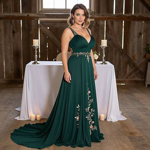 Photograph of a curvy woman with wavy blonde hair in a deep green, floral-embroidered, sleeveless gown standing in a rustic