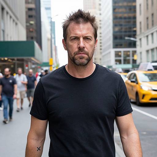 Photograph of a rugged, bearded man with spiky hair, wearing a black t-shirt, standing on a bustling city street with yellow taxis,