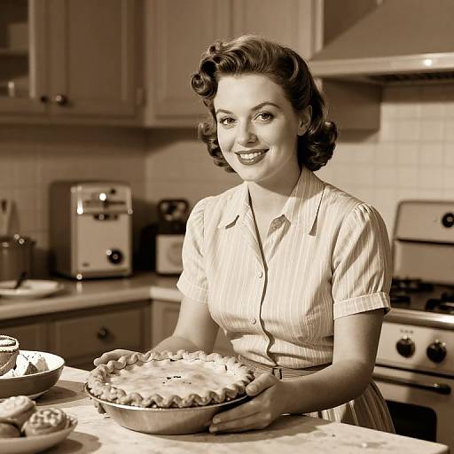 Sepia-toned photograph of a 1940s-style woman with curly hair, wearing a striped blouse, smiling while holding a freshly baked pie in