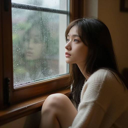 Contemplative Girl by Rainy Window