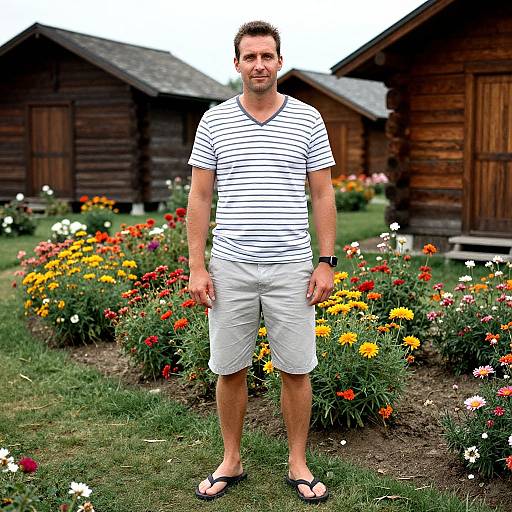 Photograph of a bearded man in a white and black striped t-shirt, white shorts, and black sandals, standing in a colorful flower garden with