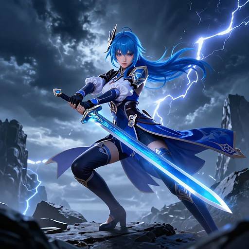 Digital anime artwork of a blue-haired warrior woman wielding a glowing blue sword amidst lightning, standing on rocky terrain with a stormy sky.