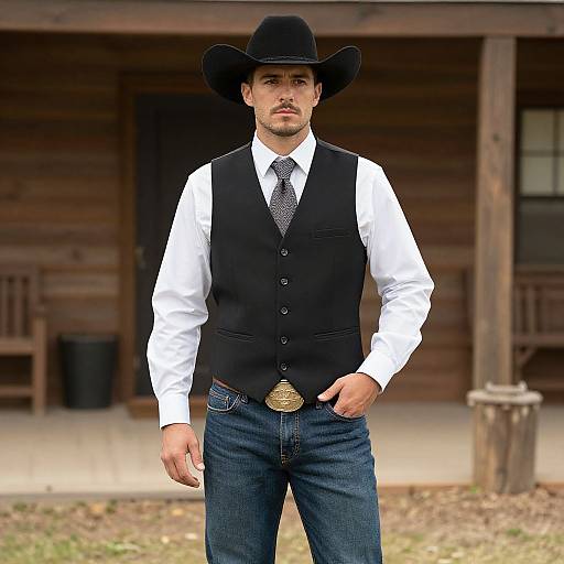 Photograph of a serious-looking man in a black cowboy hat, white shirt, black vest, patterned tie, and blue jeans, standing in front