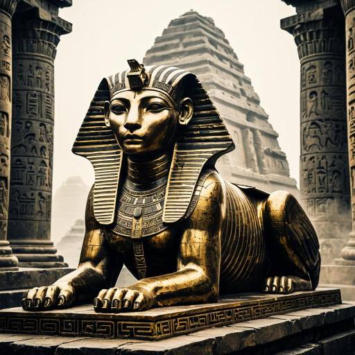 Bronze Sphinx Statue in Misty Ancient Temple