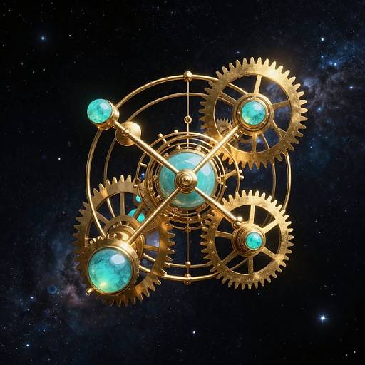 Digital art of a golden, steampunk-inspired, gear-and-wheel atom floating in a starry, cosmic background with glowing blue gem centers.