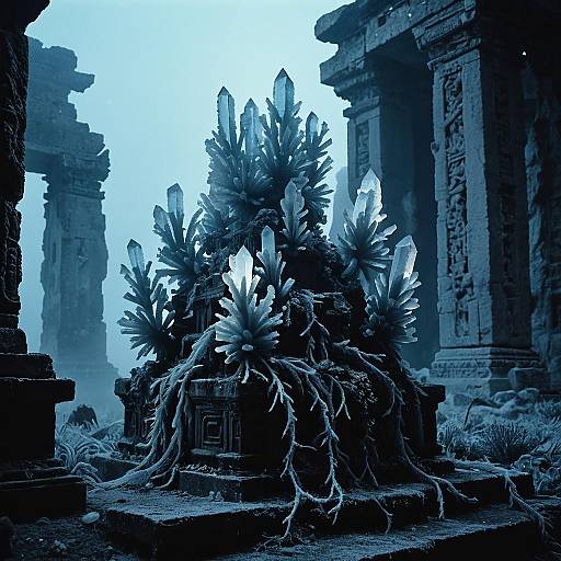 Frosted Quartz Crystals in Ancient Temple Ruins