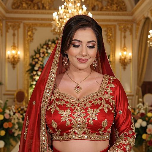 Photograph of a smiling South Asian woman in a red, gold-embroidered bridal outfit with a matching veil, standing in an ornate,