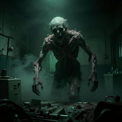 Digital artwork of a terrifying, skeletal, humanoid monster with hanging flesh, standing in a dark, foggy, cluttered laboratory. Greenish lighting enhances