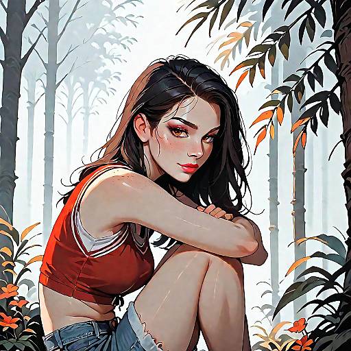 Woman in Red Varsity Crop Top in Woodland