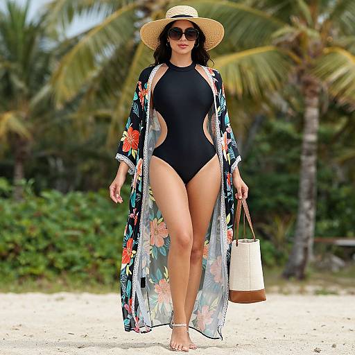Photograph of a woman with dark curly hair, wearing a black one-piece swimsuit, floral kimono, sunhat, sunglasses, and carrying a