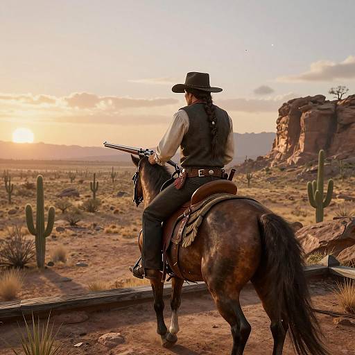 Lone Gunslinger Riding at Sunset in Desert