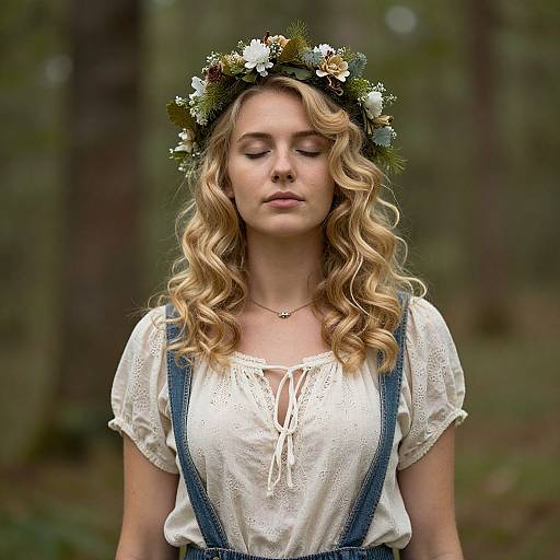 Photograph of a blonde woman with wavy hair, wearing a floral crown, white lace blouse, and blue suspenders, standing in a forest.
