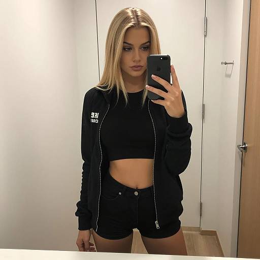 Blonde Woman Taking Mirror Selfie in Black Outfit
