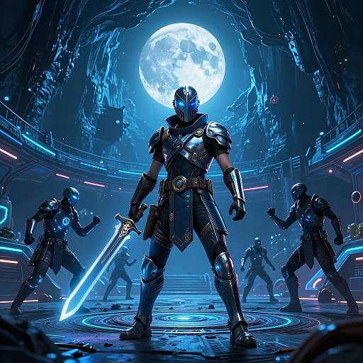 Digital artwork of a muscular armored warrior with a glowing sword, centered under a bright full moon in a futuristic, neon-lit arena, surrounded by dark