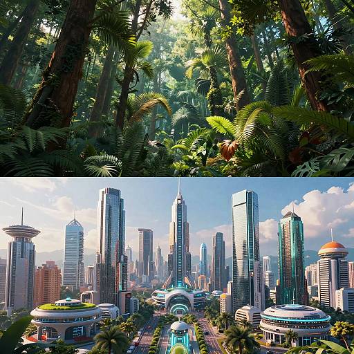 Photograph-like CGI split image: Top half shows lush, dense jungle with tall trees and vibrant greenery; bottom half depicts a futuristic, sunlit