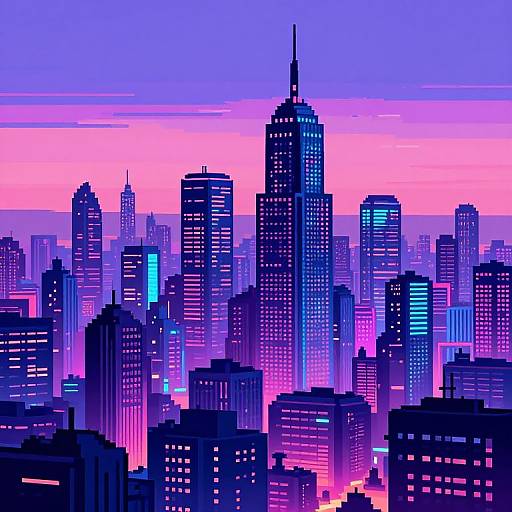 Pixelated Futuristic Cityscape at Dusk