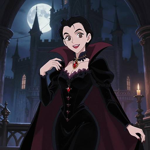 Digital anime-style illustration of a pale-skinned, dark-haired woman in a black Gothic dress with a red gem, standing in a moonlit, Gothic