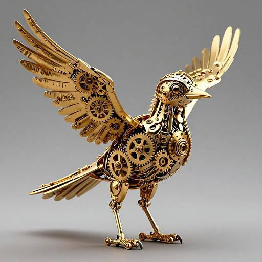 Golden mechanical bird with intricate gears, cogs, and wing details, standing with wings partially open, against a gradient gray background. Photorealistic CGI