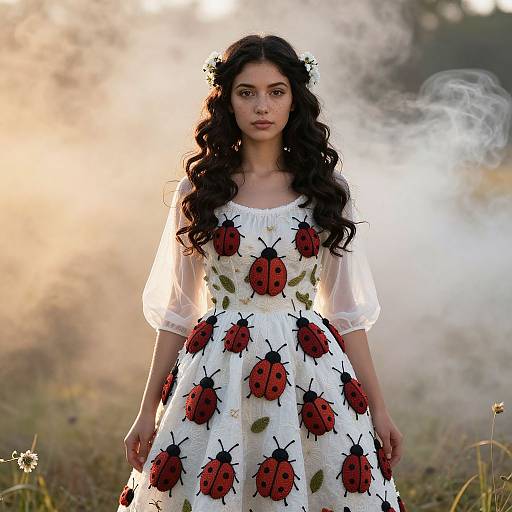 Photograph of a young woman with long black curly hair, wearing a white dress adorned with red ladybug patterns, standing in a misty field at